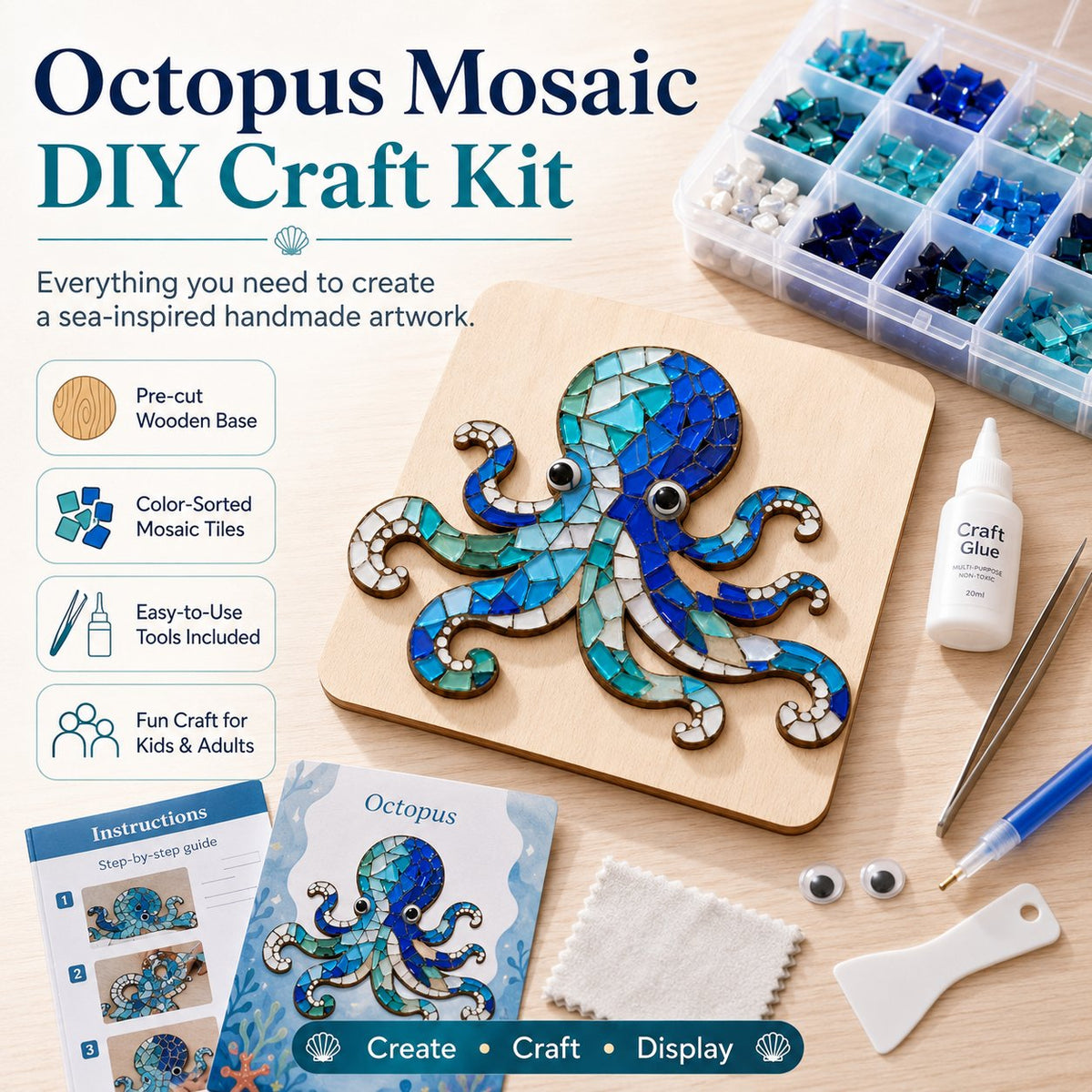 🔥 LAST DAY 70% OFF – 🌊 Octopus Mosaic Kit | Beginner-Friendly DIY Glass Craft with Step-by-Step Instructions