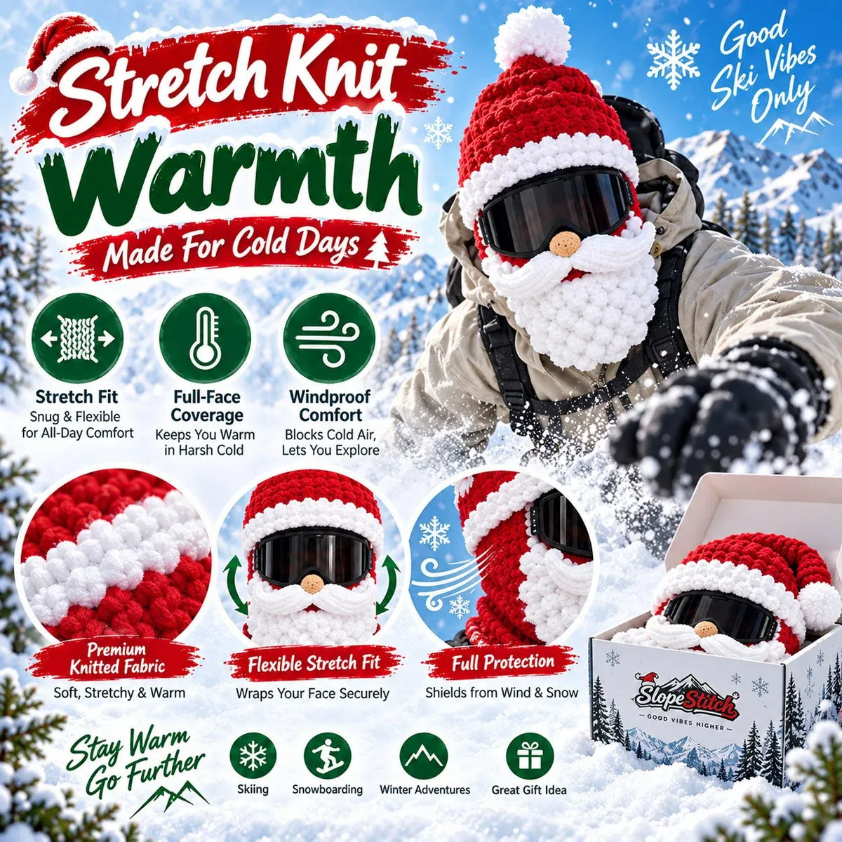 🎅🏂 3D Christmas Knit Ski Mask | Warm Full-Face Cover in 3 Festive Styles for Ski Trips, Parties & Winter Adventures ❄️