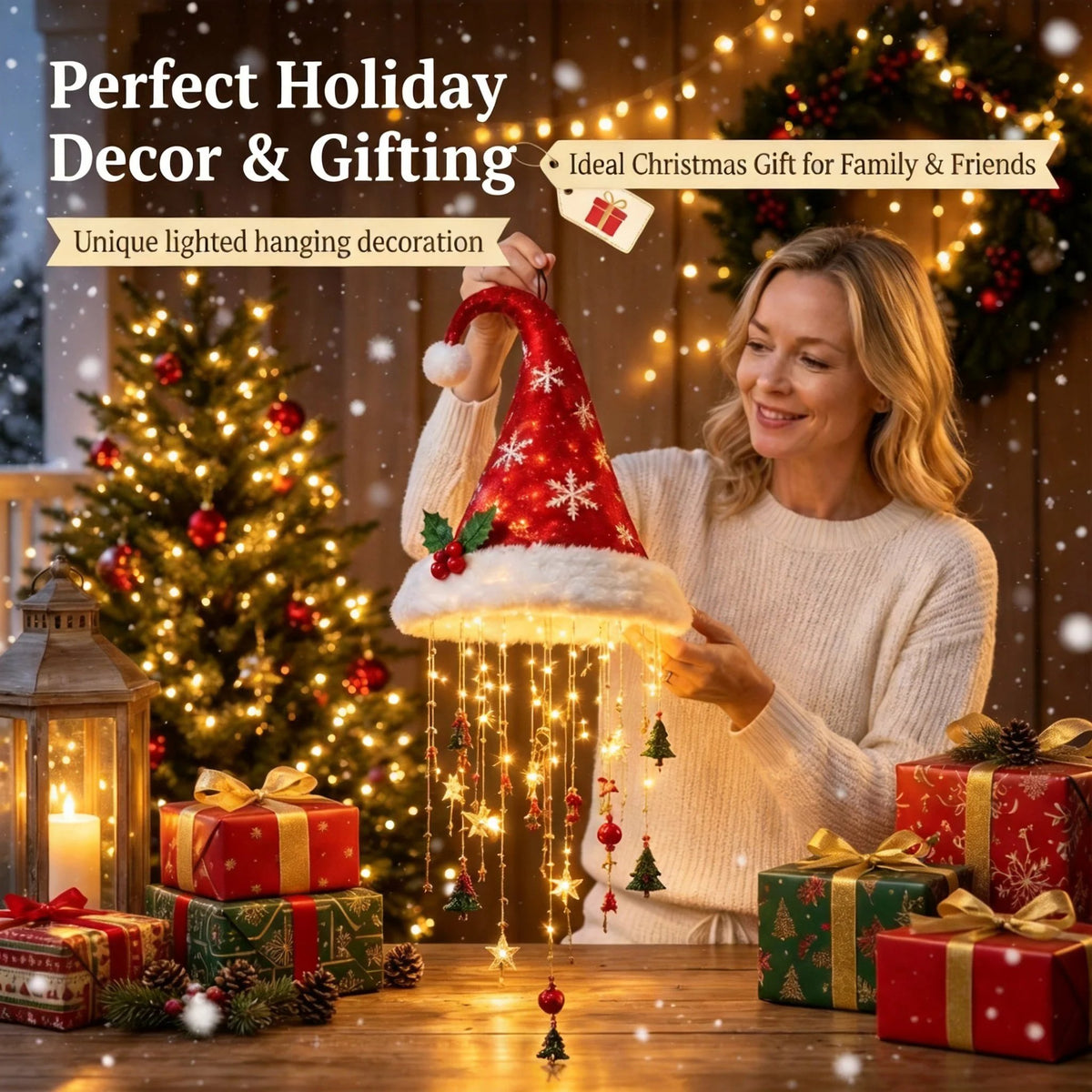 🎅✨Light‐Up Santa Hat Hanging Chandelier, Plush Christmas Pendant Light with Hanging Ornaments, Indoor & Covered Porch Holiday Decoration