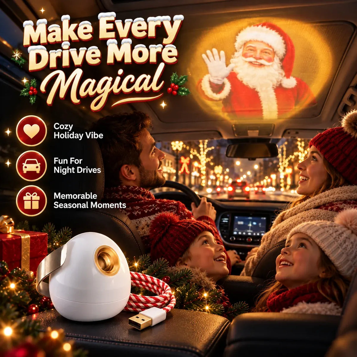 ⏳ Last Day 49% OFF – 🎅 Santa Beam Christmas Car Projector | USB-Powered Holiday Light with 6 Festive Santa Films ✨