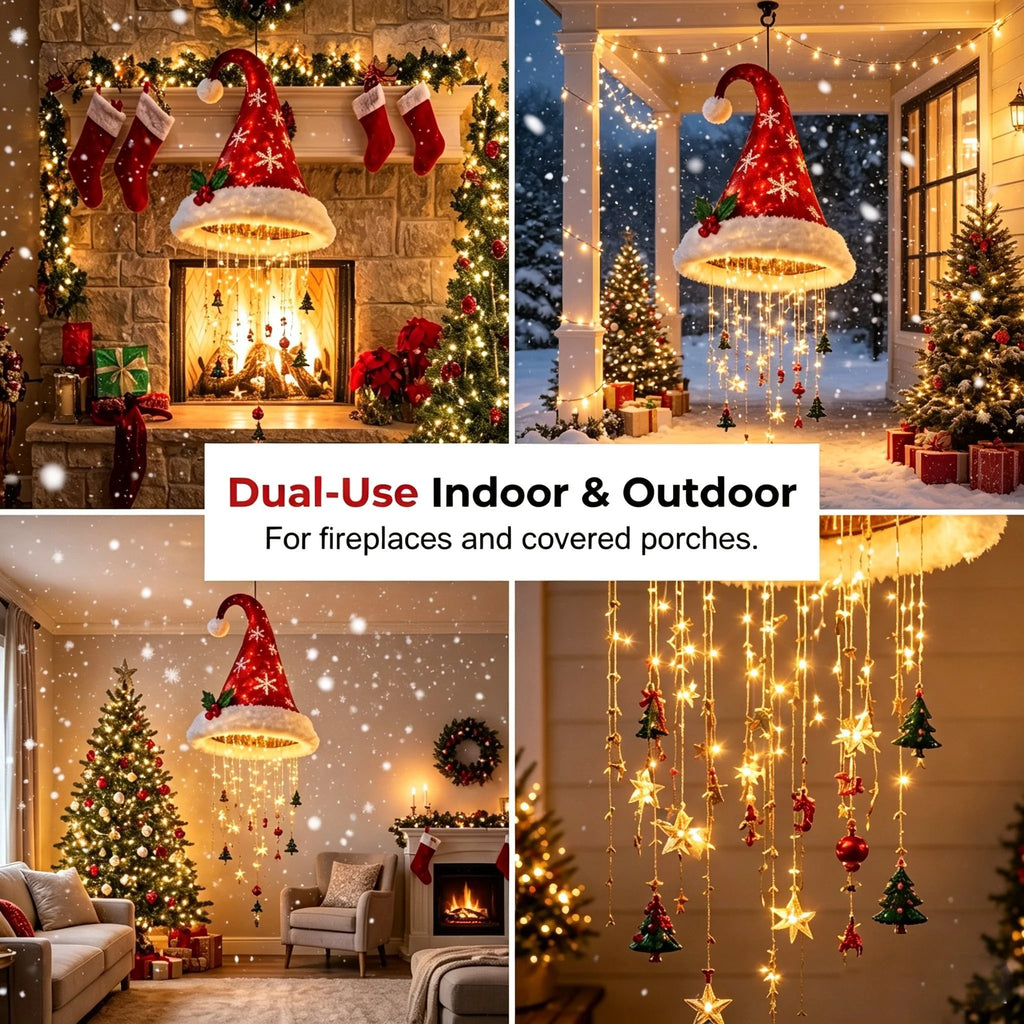 🎅✨Light‐Up Santa Hat Hanging Chandelier, Plush Christmas Pendant Light with Hanging Ornaments, Indoor & Covered Porch Holiday Decoration