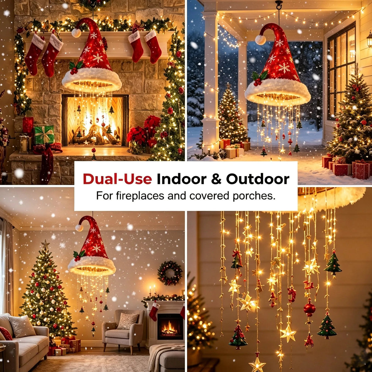🎅✨Light‐Up Santa Hat Hanging Chandelier, Plush Christmas Pendant Light with Hanging Ornaments, Indoor & Covered Porch Holiday Decoration