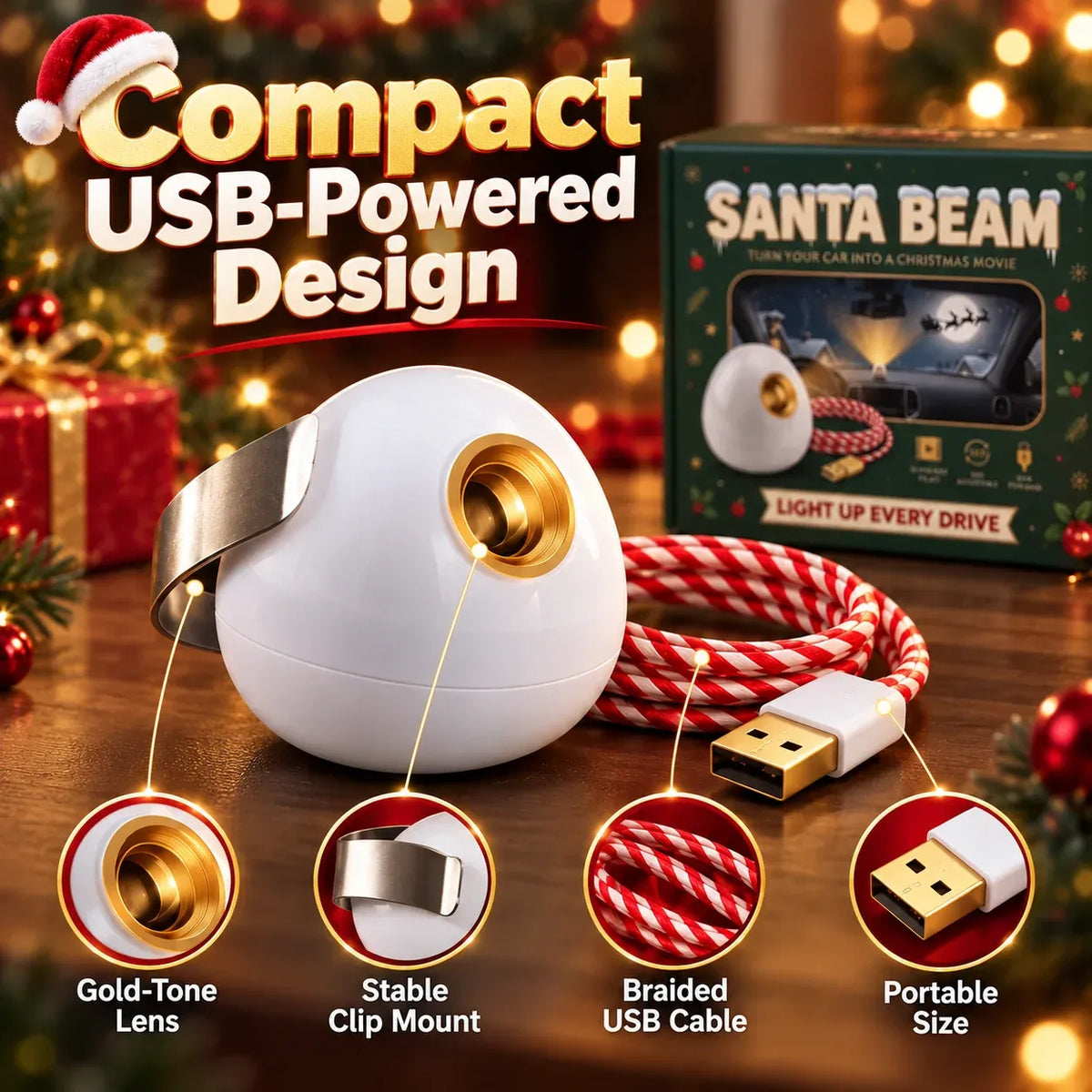 ⏳ Last Day 49% OFF – 🎅 Santa Beam Christmas Car Projector | USB-Powered Holiday Light with 6 Festive Santa Films ✨